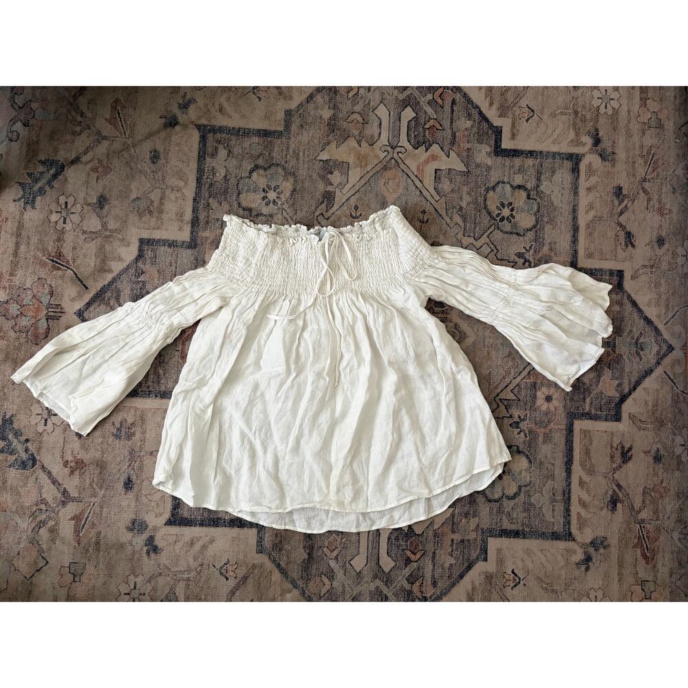 Zara Off Shoulder Smocked Peasant Blouse Womens Small Ivory Boho Cottagecore